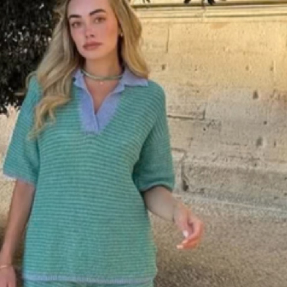 Zara Striped Open-Knit Pull Over Polo Sweater Top Green/Purple 6427/041/330 NWOT